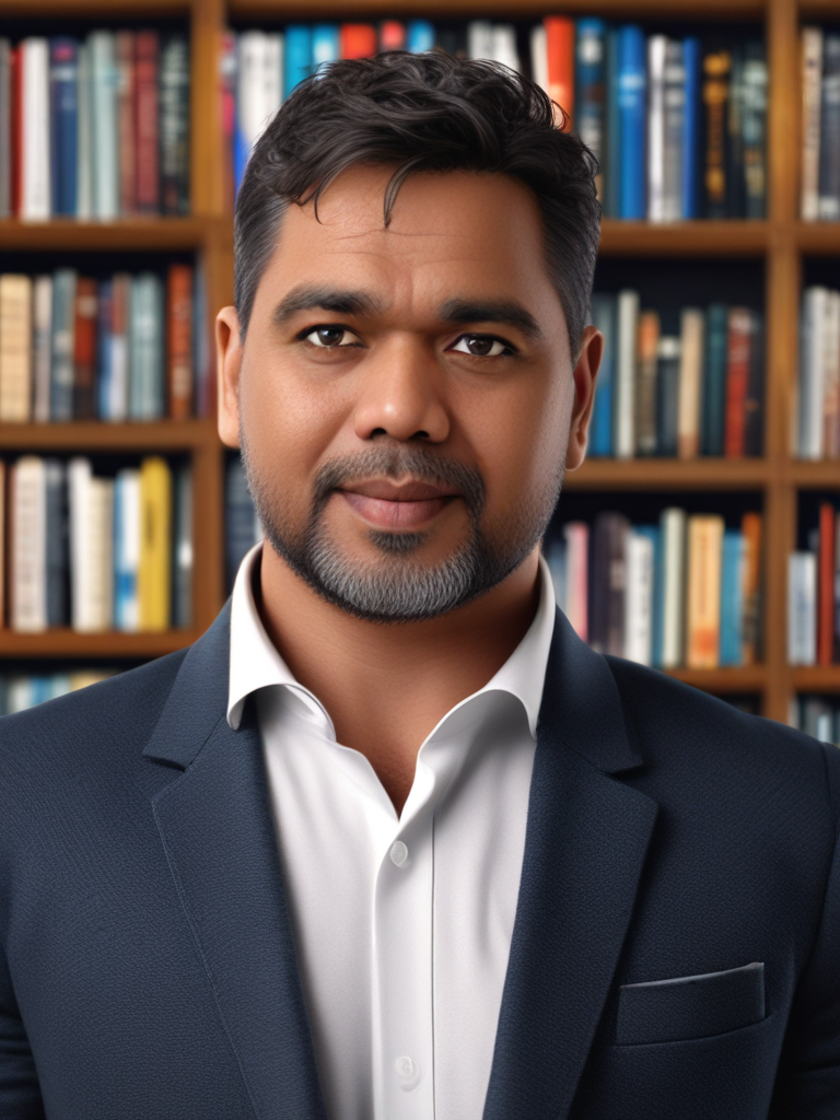 AI Headshot: headshot of {prompt}, bookshelf background,bookshelf background, Half-body digital photo , realistic, highly detailed, photorealistic, 8k, looking towards the camera