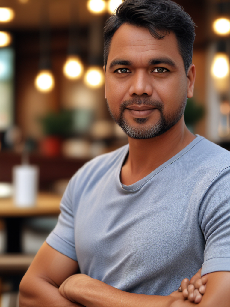 AI Headshot: headshot of {prompt}, leisure Informal clothing, in cafe background, cafe background, Half-body digital photo , realistic, highly detailed, photorealistic, 8k, looking towards the camera