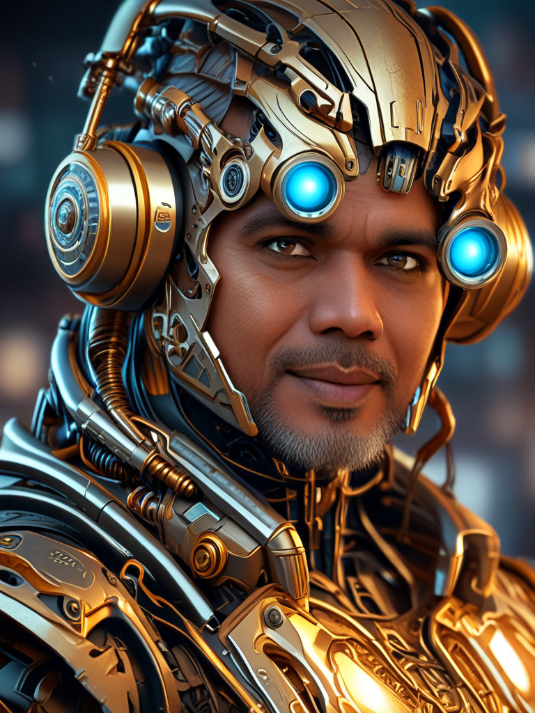 AI Headshot: Closeup portrait of {prompt} as a cyborg, mechanical parts, ultra realistic, concept art, intricate details, eerie, highly detailed, photorealistic, 8k, unreal engine. art by artgerm and greg rutkowski and charlie bowater and magali villeneuve and alphonse mucha, golden hour, cyberpunk, robotic, steampunk, neon colors, metallic textures