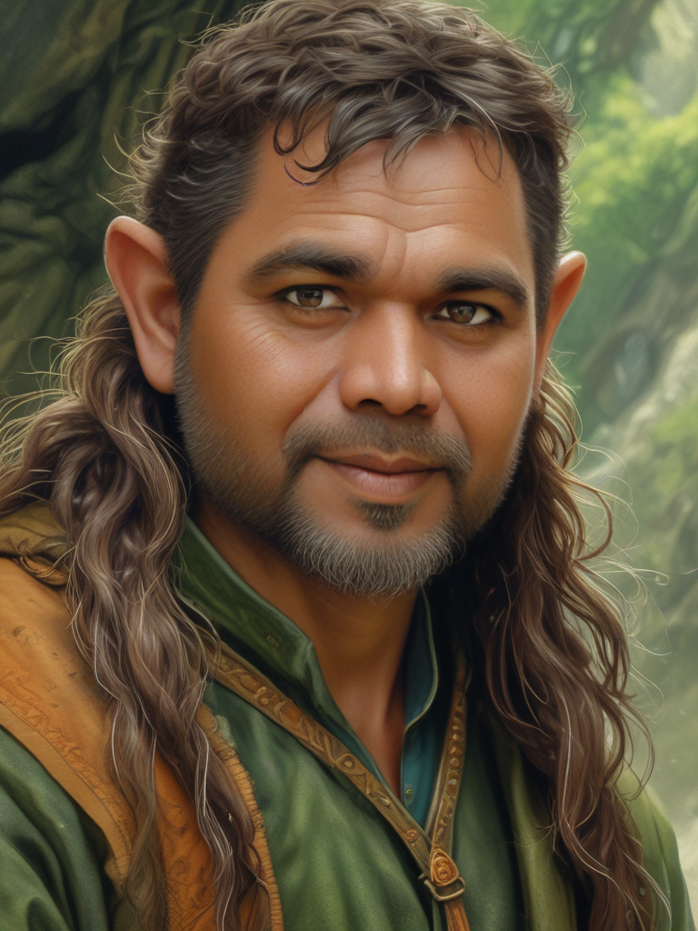 AI Headshot: Closeup portrait of {prompt} as a Hobbit, small, big brown eyes, green and brown clothing, detailed facial features, small feet, wispy hair, fantasy concept art, artstation trending, highly detailed, art by John Howe, Alan Lee, and Weta Workshop, earthy colors, looking into camera