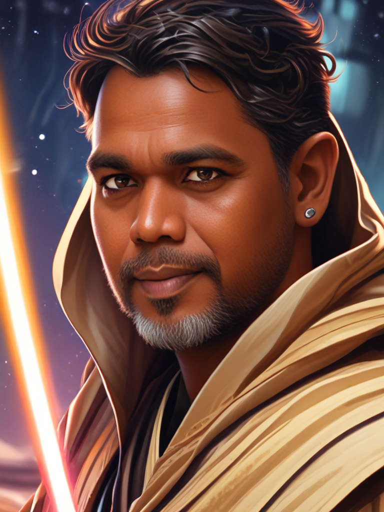 AI Headshot: Closeup portrait of {prompt} as a jedi with a lightsaber, highly detailed, science fiction, star wars concept art, intricate details, bright colors, golden hour, art by marko djurdjevic, greg rutkowski, wlop, fredperry, digital painting, rossdraws