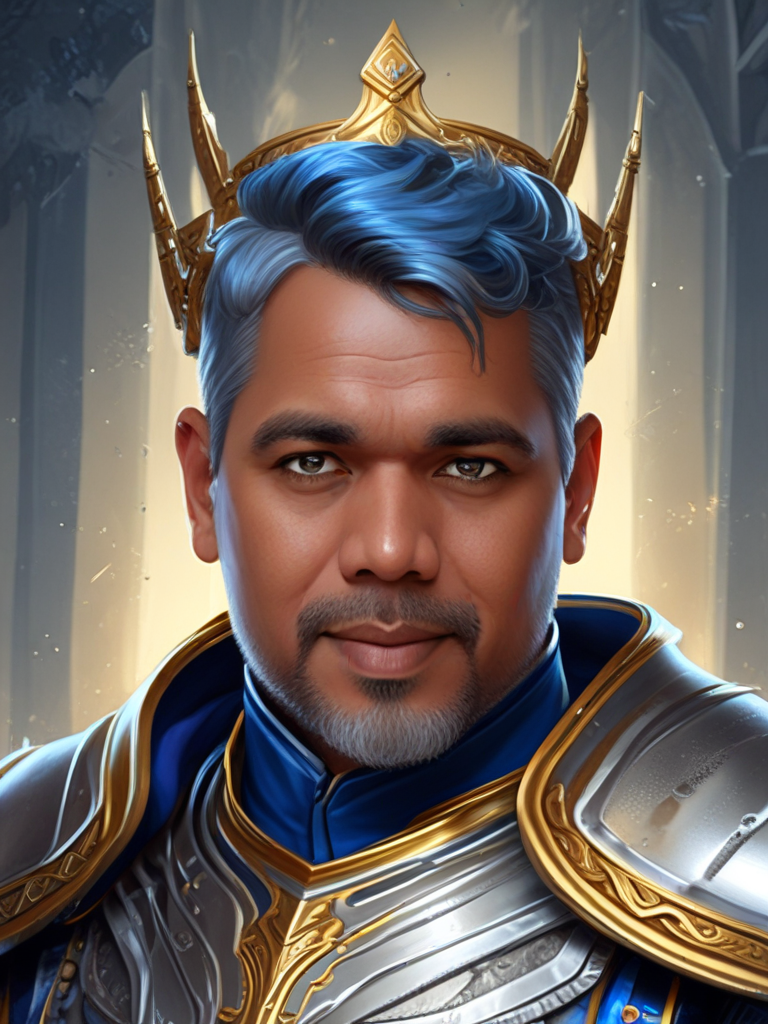 AI Headshot: Closeup portrait of {prompt} as a knight, wearing a full suit of armor, intricate details, majestic and powerful, bright shining silver armor, matching blue cape, a golden crown, artstation trending, highly detailed, digital painting, art by wlop, greg rutkowski, and charlie bowater