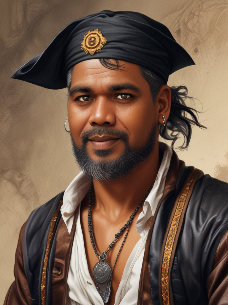 AI Headshot: Closeup portrait of {prompt} as a pirate, wild and crazy, bandana, eye patch, golden hoop earrings, tattered and ripped clothes, detailed tattoos, rough and rugged, art by alphonse mucha, kai carpenter, ignacio fernandez rios, charlie bowater, noir photorealism, ultra real