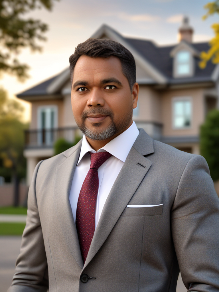 AI Headshot: headshot of {prompt} as Real Estate Agent, outdoor house background, in a suit, house background, Half-body digital photo , realistic, highly detailed, photorealistic, 8k, looking towards the camera
