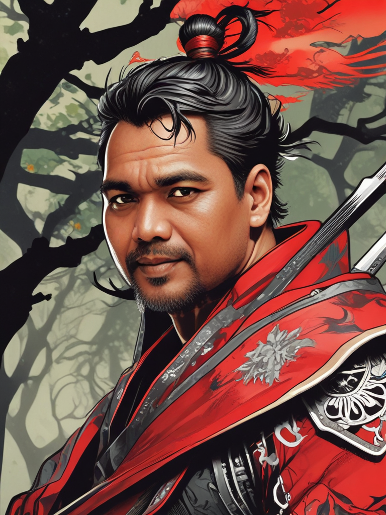 AI Headshot: Closeup portrait of {prompt} as a samurai warrior, war-torn landscape in the background, wearing a black and red armor, ready to fight, detailed textures, concept art, noir art, art by hinata matsumura, alphonse mucha, mike mignola, kazu kibuishi, and rev.matsuoka, digital painting, ultra-realistic