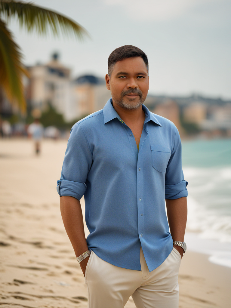AI Headshot: headshot of {prompt}, leisure Informal clothing, in a Summer Luxe seaside background, seaside background, Half-body digital photo , realistic, highly detailed, photorealistic, 8k, looking towards the camera