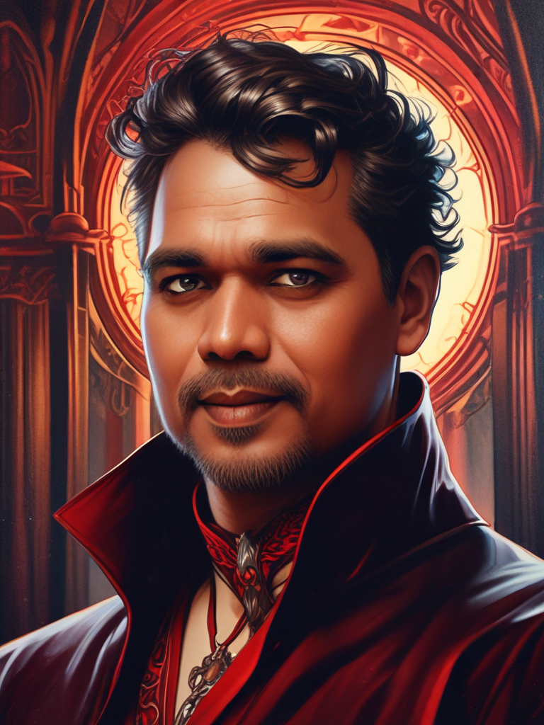 AI Headshot: Closeup portrait of {prompt} as a vampire, pale skin, dark eyes, sharp fangs, detailed shadows and highlights, eerie atmosphere, mystical and magical, art by leesha hannigan, thierry doizon, alphonse mucha, kai carpenter, noir photorealism, surreal and dreamlike, deep red hues