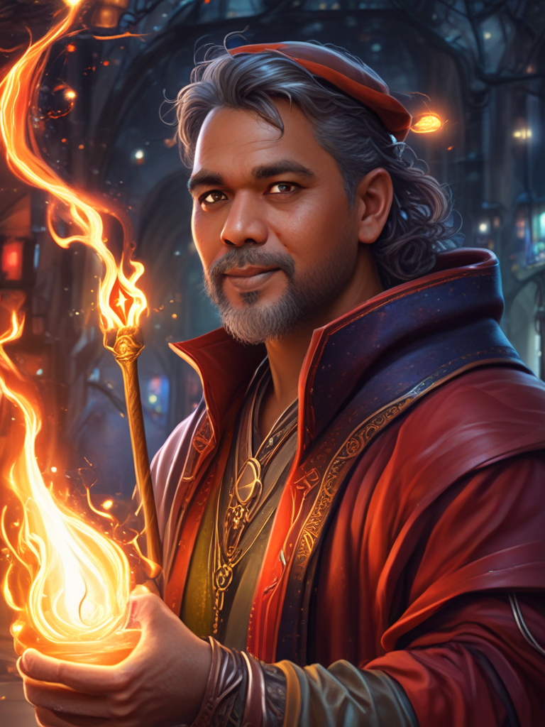 AI Headshot: Closeup portrait of {prompt} as a wizard, highly detailed {prompt}, fantasy concept art, intricate details and textures, magical, colorful, art by wlop, greg rutkowski, charlie bowater, magali villeneuve, alphonse mucha, surreal, {prompt} looking into the distance, holding a staff, fire and stars in the background