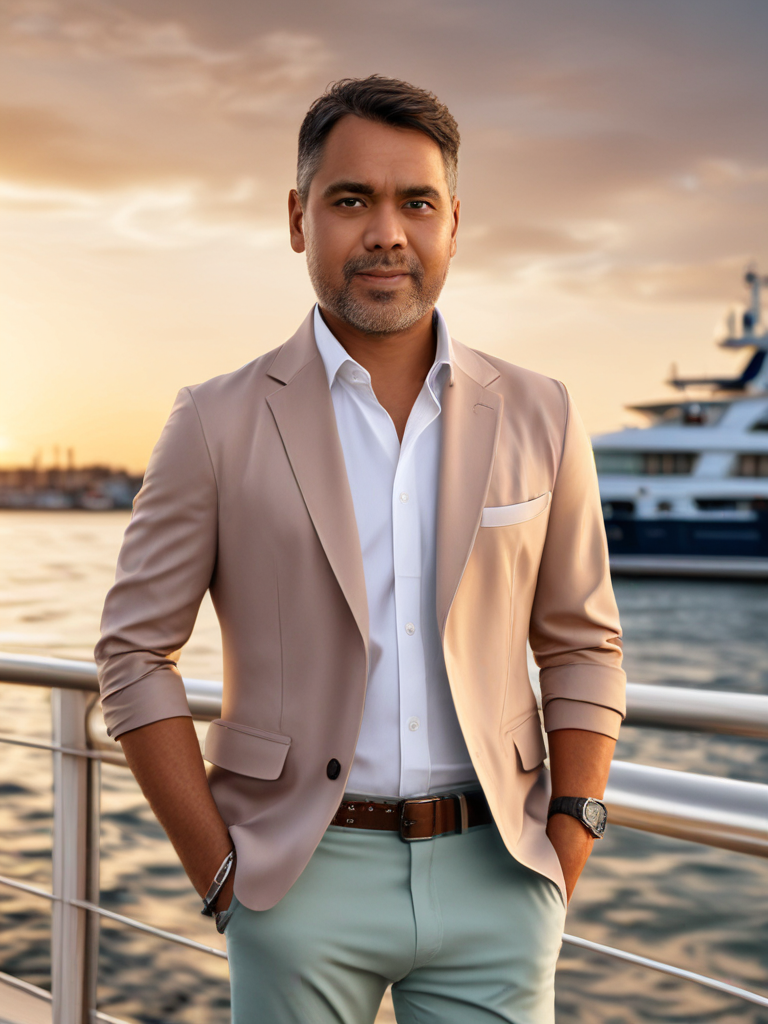 AI Headshot: headshot of {prompt}, Leisure Informal clothing, with a Yacht background,Yacht background, Half-body digital photo , realistic, highly detailed, photorealistic, 8k, looking towards the camera